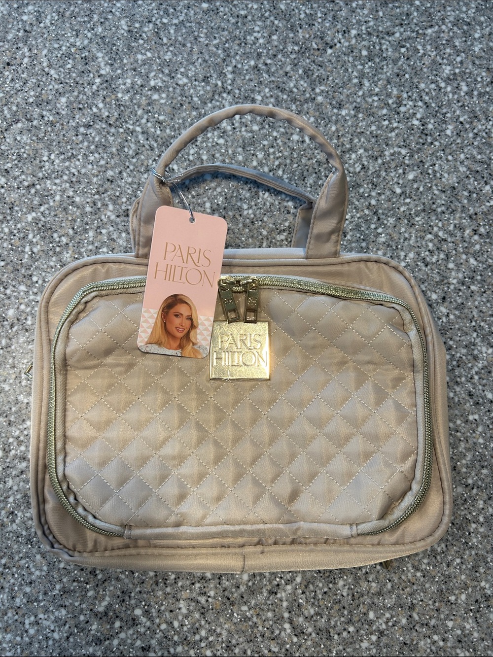 Paris Hilton Quilted Cosmetic Case in Light Beige with Gold Accent